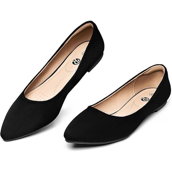 Rekayla Womens Size 5 Black Faux Suede Slide On Pointy Toe Ballet Flats Shoes - Picture 2 of 7